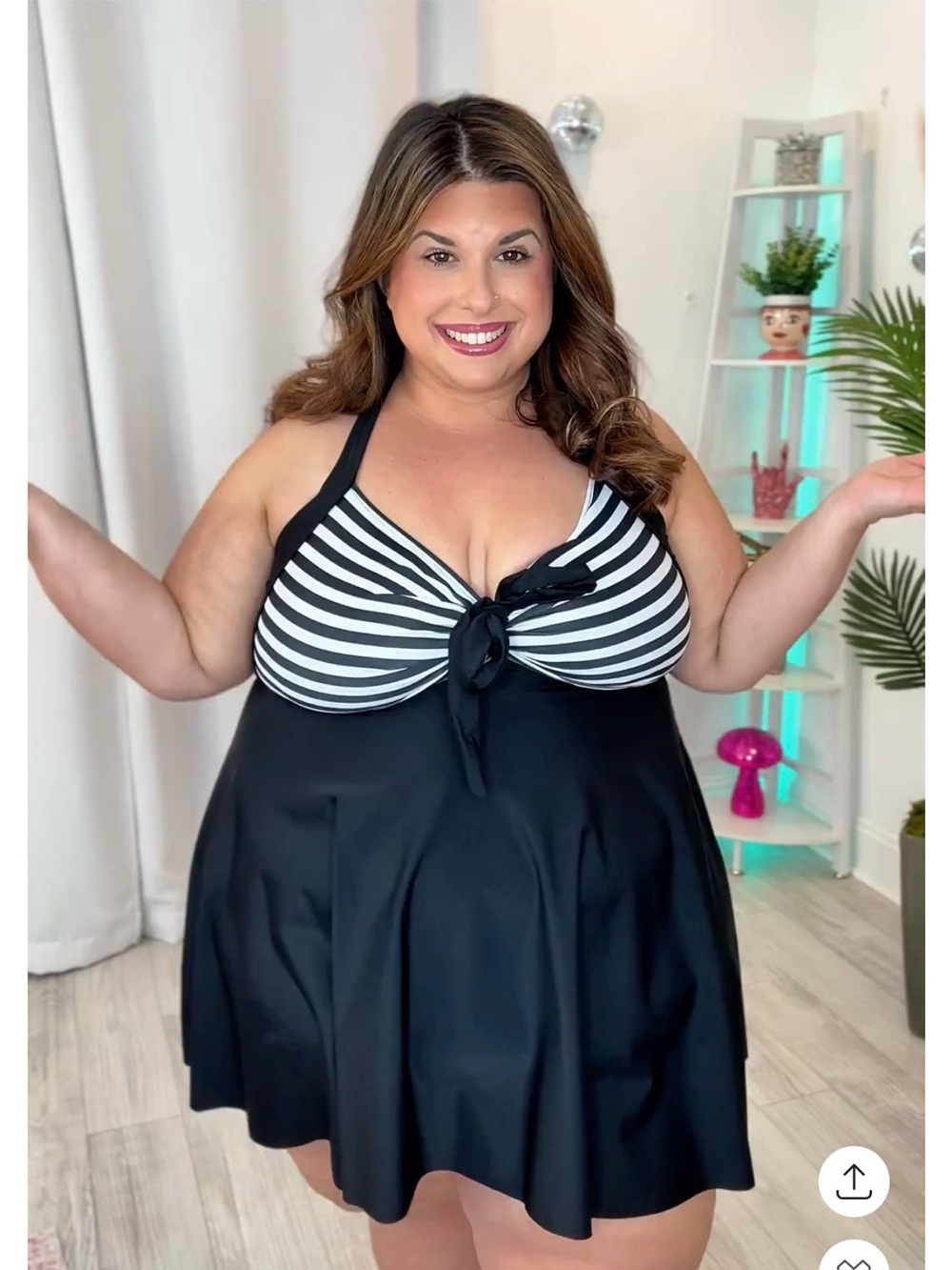 Plus Striped Swim Dress with Separate Striped Bottoms